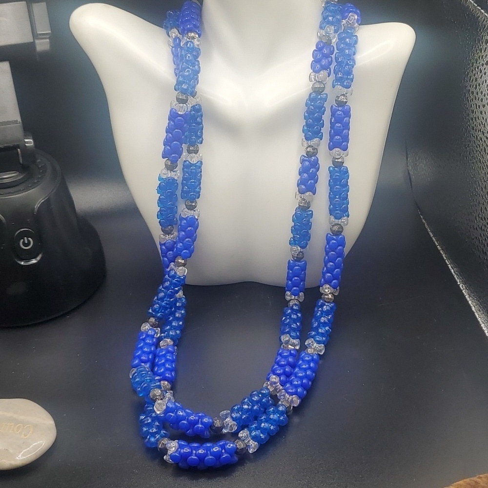 N2729 pocahontas tribal blue and clear beaded spacer necklace intricate tier